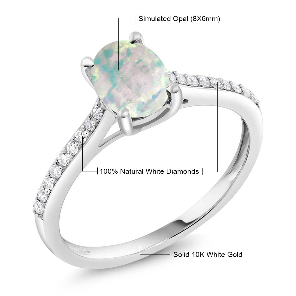 1.05カラット  シミュレイテッド ホワイトオパール リング 指輪  天然 ダイヤモンド 10金 ホワイトゴールド K10  10月 誕生石
