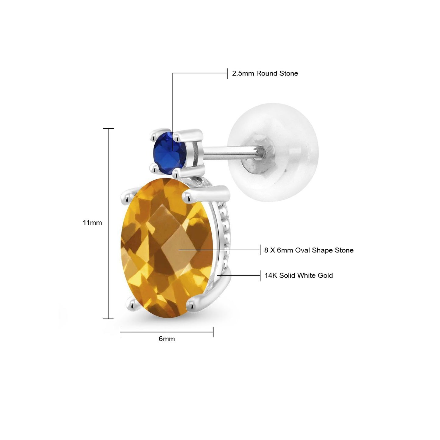 2.66カラット 天然 シトリン ピアス シンセティック サファイア 14金 ホワイトゴールド K14 11月 誕生石