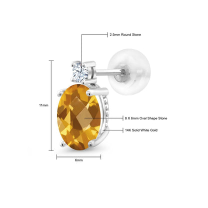 2.6カラット 天然 シトリン ピアス シンセティック ホワイトサファイア 14金 ホワイトゴールド K14 11月 誕生石