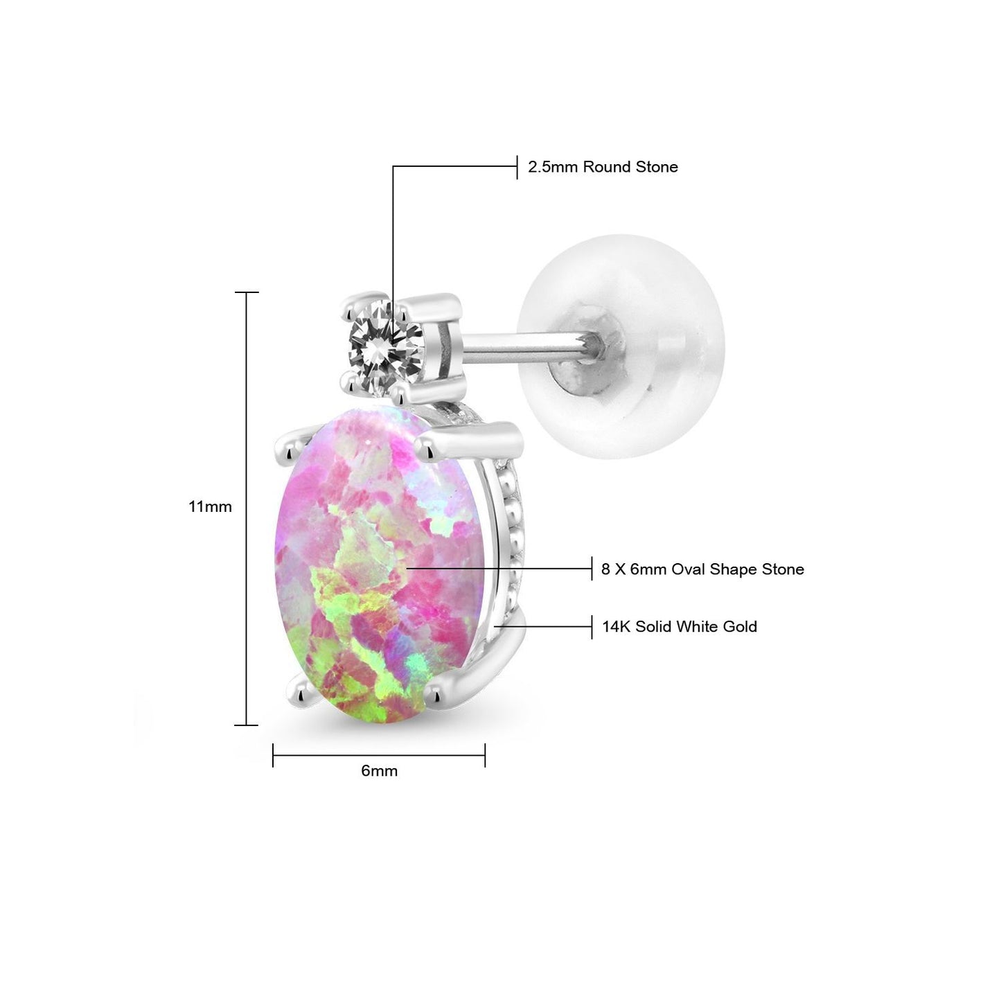2.23カラット シミュレイテッド ピンクオパール ピアス 天然 ダイヤモンド 14金 ホワイトゴールド K14 10月 誕生石