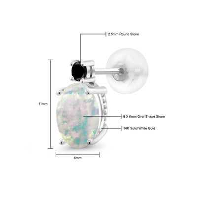 2.23カラット シミュレイテッド ホワイトオパール ピアス 天然 ブラックダイヤモンド 14金 ホワイトゴールド K14 10月 誕生石