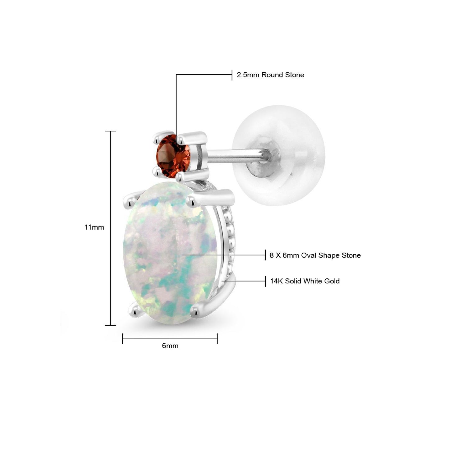 2.28カラット シミュレイテッド ホワイトオパール ピアス 天然 ガーネット 14金 ホワイトゴールド K14 10月 誕生石