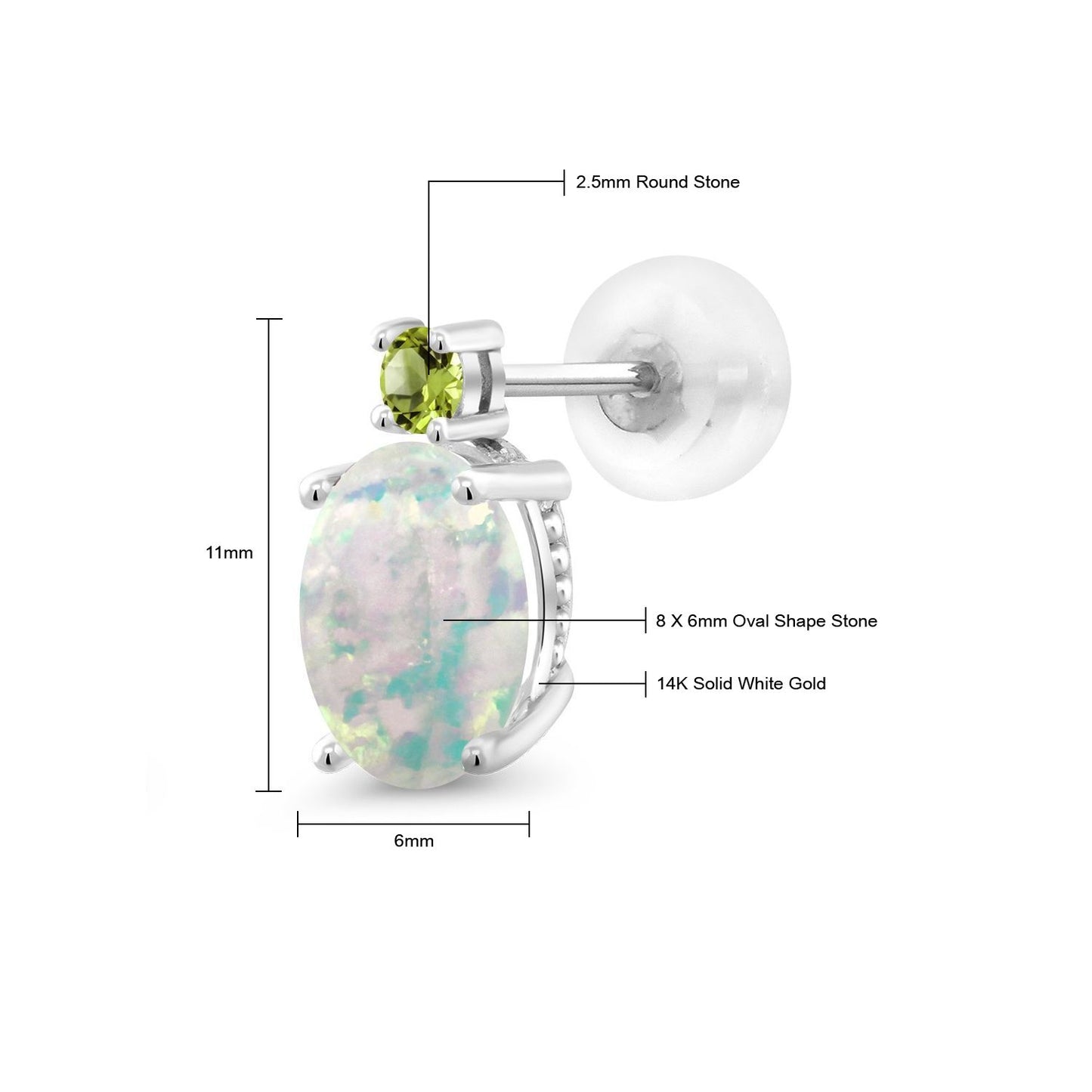 2.24カラット シミュレイテッド ホワイトオパール ピアス 天然石 ペリドット 14金 ホワイトゴールド K14 10月 誕生石