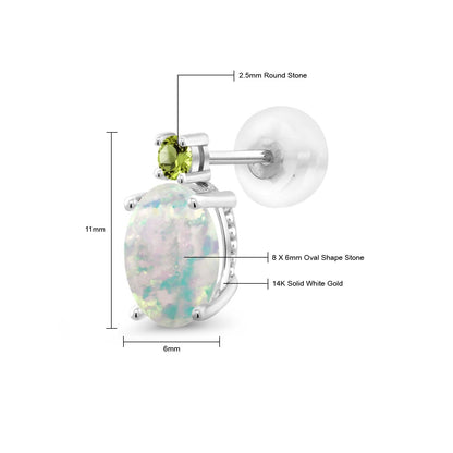 2.24カラット シミュレイテッド ホワイトオパール ピアス 天然石 ペリドット 14金 ホワイトゴールド K14 10月 誕生石
