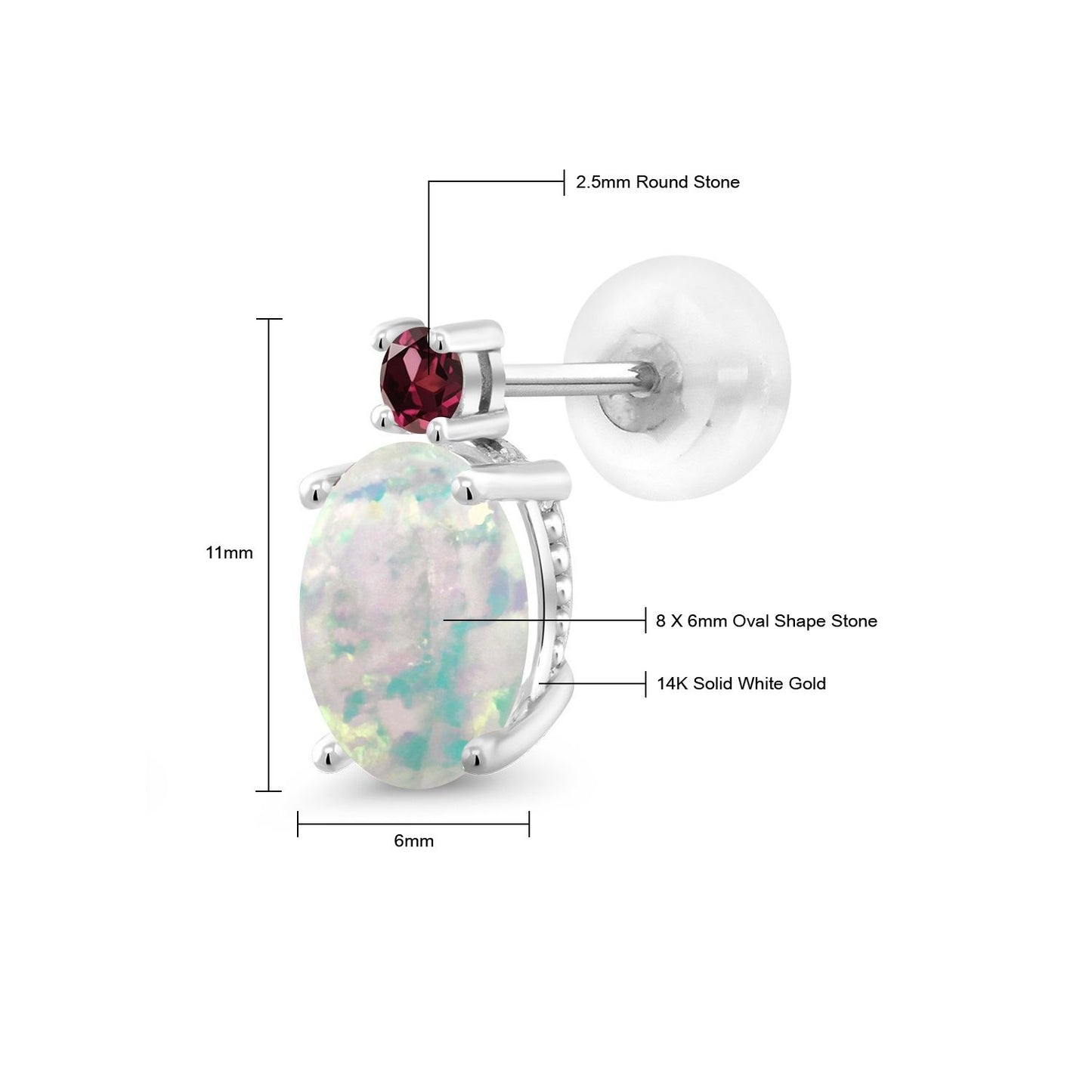 2.28カラット シミュレイテッド ホワイトオパール ピアス 天然 ロードライトガーネット 14金 ホワイトゴールド K14 10月 誕生石