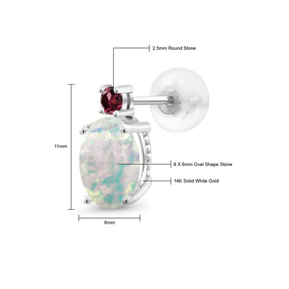 2.28カラット シミュレイテッド ホワイトオパール ピアス 天然 ロードライトガーネット 14金 ホワイトゴールド K14 10月 誕生石