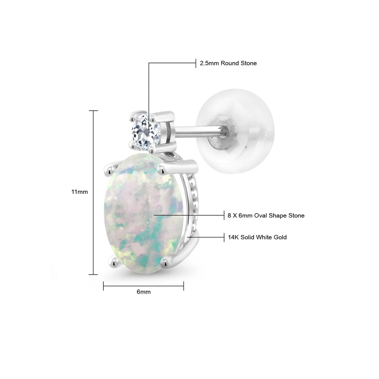 2.26カラット シミュレイテッド ホワイトオパール ピアス 天然 トパーズ 14金 ホワイトゴールド K14 10月 誕生石