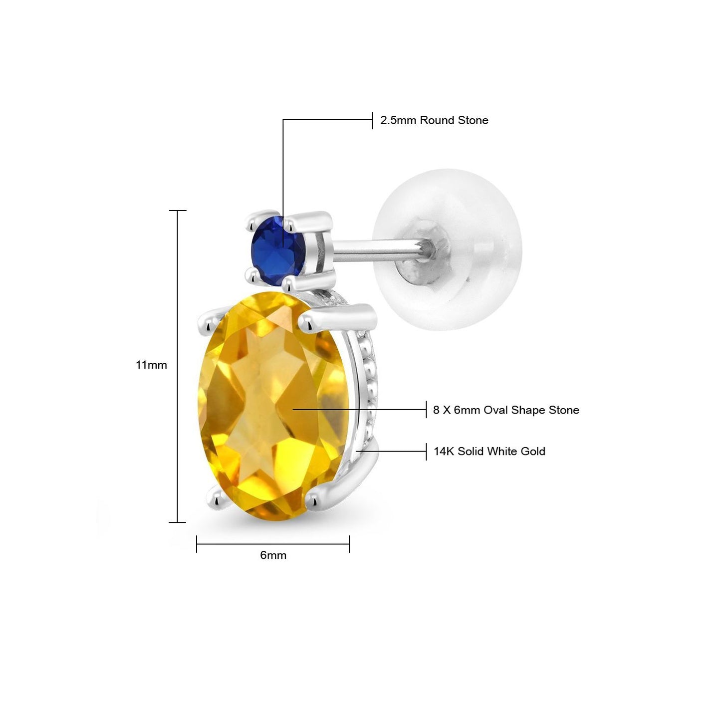 2.76カラット 天然 シトリン ピアス シンセティック サファイア 14金 ホワイトゴールド K14 11月 誕生石