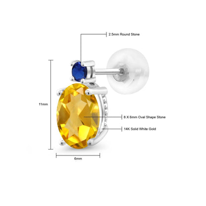 2.76カラット 天然 シトリン ピアス シンセティック サファイア 14金 ホワイトゴールド K14 11月 誕生石