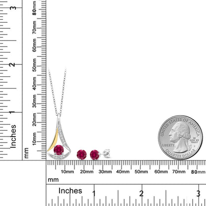 3.09カラット シンセティック ルビー ネックレス ピアス セット ラボグロウンダイヤモンド シルバー925 ＆10金 イエローゴールド K10 7月 誕生石