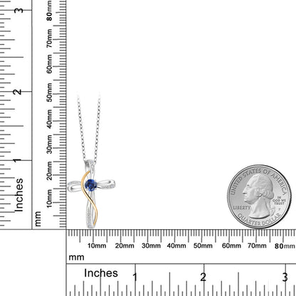 0.28カラット  シンセティック サファイア クロス ネックレス  ラボグロウンダイヤモンド シルバー925 ＆10金 イエローゴールド K10  9月 誕生石