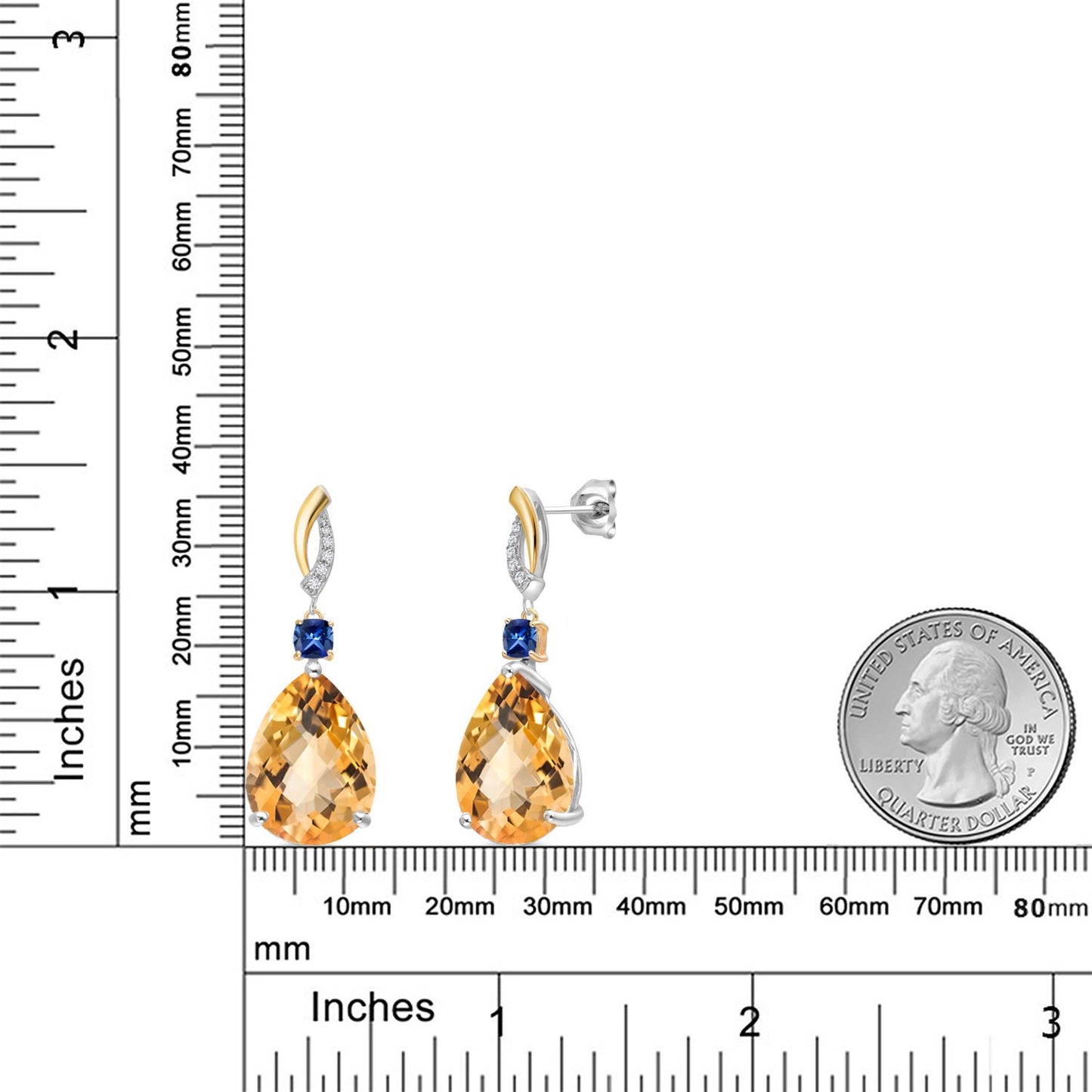 22.34カラット 天然 シトリン ピアス シンセティック サファイア シルバー925 ＆10金 イエローゴールド K10 11月 誕生石