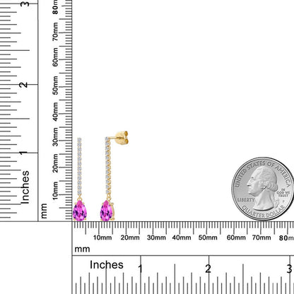 2.32カラット シンセティック ピンクサファイア ロングピアス ラボグロウンダイヤモンド 14金 イエローゴールド K14 9月 誕生石