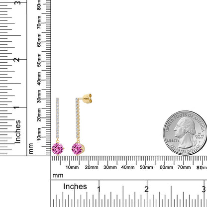 2.36カラット シンセティック ピンクサファイア ロングピアス ラボグロウンダイヤモンド 14金 イエローゴールド K14 9月 誕生石