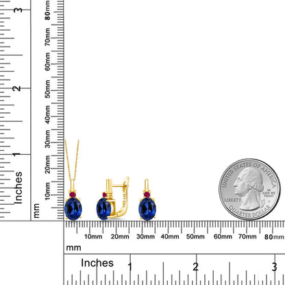 7.08カラット  シンセティック サファイア ネックレス ピアス セット  シンセティック ルビー シルバー925 18金 イエローゴールド 加工  9月 誕生石