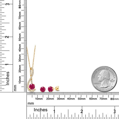 1.91カラット  天然 ルビー ネックレス ピアス セット  シンセティック ホワイトサファイア シルバー925 18金 イエローゴールド 加工  7月 誕生石