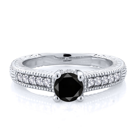 0.7カラット  天然 ブラックダイヤモンド リング 指輪  シンセティック ホワイトサファイア シルバー925