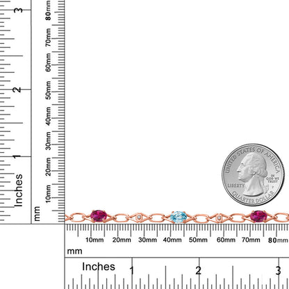 3.49カラット シンセティック ルビー チェーン ブレスレット 天然石 ブルージルコン シルバー925 18金 ピンクゴールド 加工 7月 誕生石