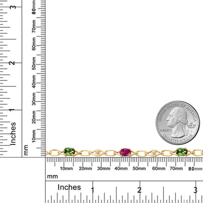 3.04カラット 天然 グリーントルマリン チェーン ブレスレット シンセティック ルビー シルバー925 18金 イエローゴールド 加工 10月 誕生石