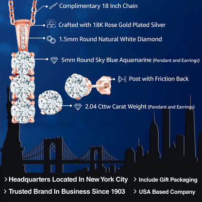 2.04カラット 天然 アクアマリン ネックレス ピアス セット 天然 ダイヤモンド シルバー925 18金 ピンクゴールド 加工 3月 誕生石